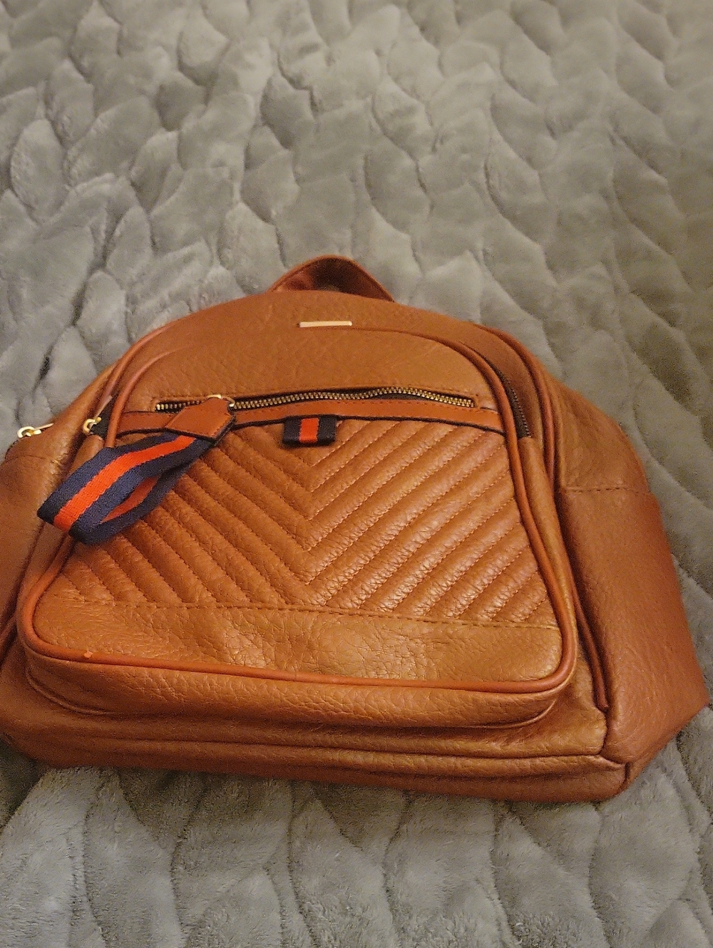Tan Leather Backpack with Chevron Stitching